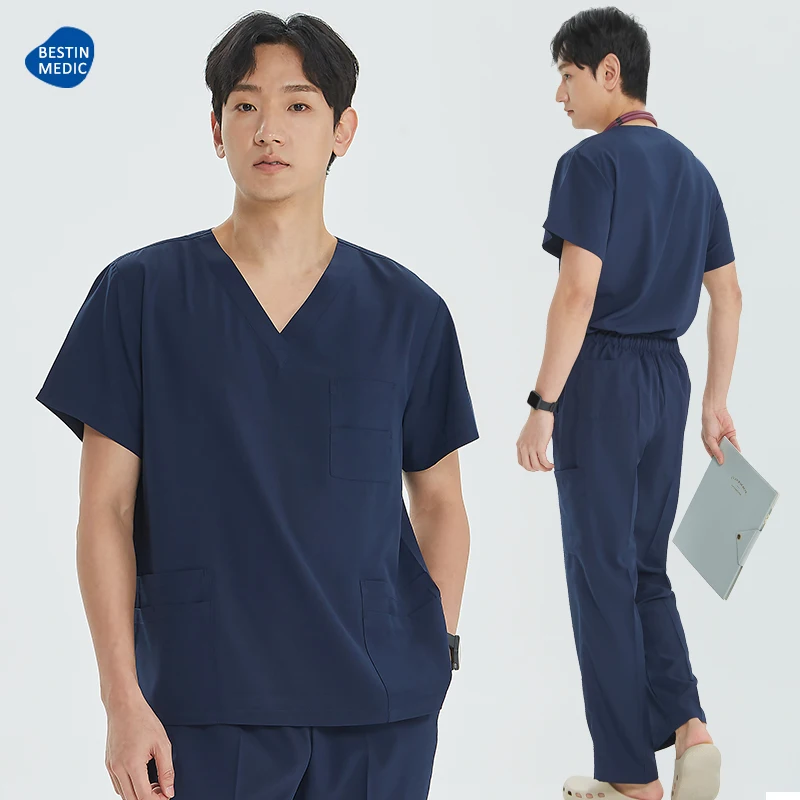 High Quality Men Medical Uniform Scrub Sets V-Neck Top Drawstring Pants Hospital Doctor Outfit Dental Nursing Slim Suit S23