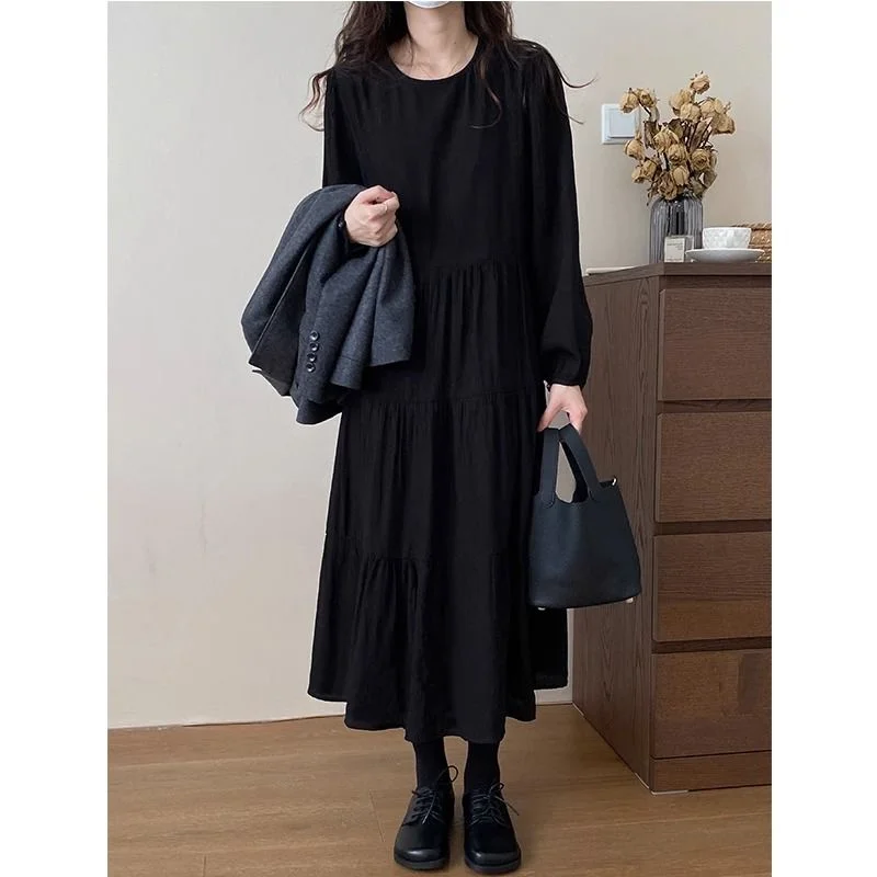 

plus Size Korean Sle Long Sve Dr Women Loose Meat Covering Splicing Big Swing Long Skirt Faionable A-Line Dr