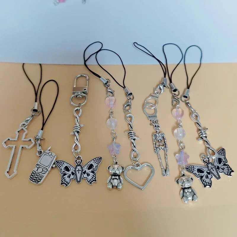 Original Handmade Y2K Phone Key Chain Kawaii Cellphone Star Butterfly Silver Cross Charms Pendant Cute Cartoon Bear Rope Lanyard