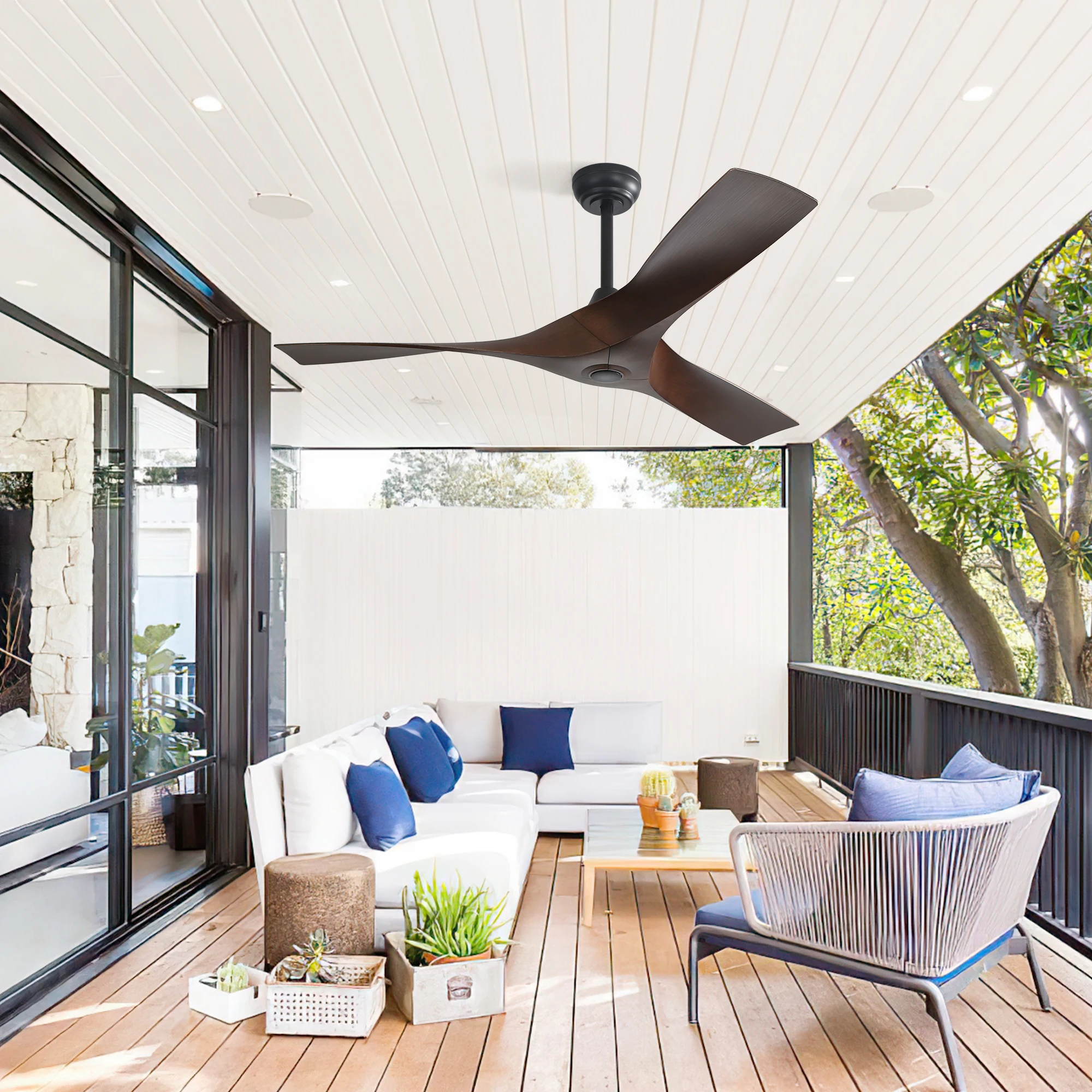 

52-дюймовый потолочный вентилятор без освещения, 3 лопасти из АБС-пластика, уличный потолочный вентилятор, 6-скоростной реверсивный двигатель постоянного тока для гостиной, спальни