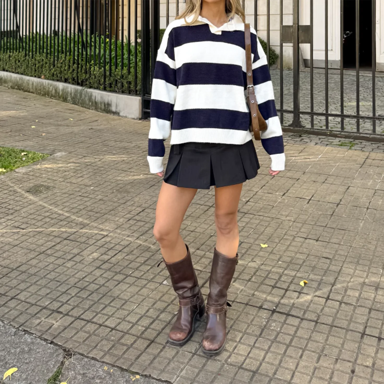 

New Fashion Womens Autumn Winter Knit Sweater Long Sleeve Turn Down Collar Striped Knitwear Tops Hot Sale S M L