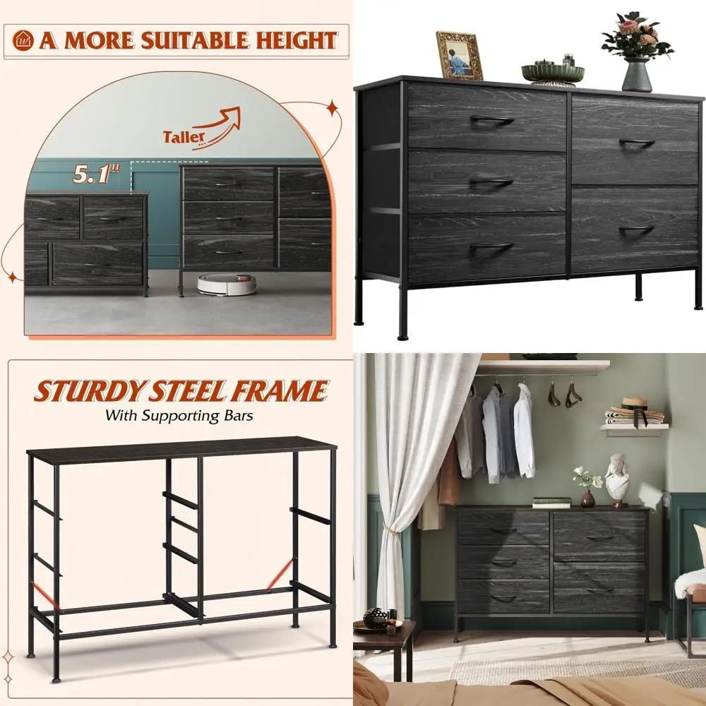 

Комод для спальни с 5 ящиками и органайзерами, широкий комод для хранения вещей, тканевый комод для гостиных, отделка древесным углем