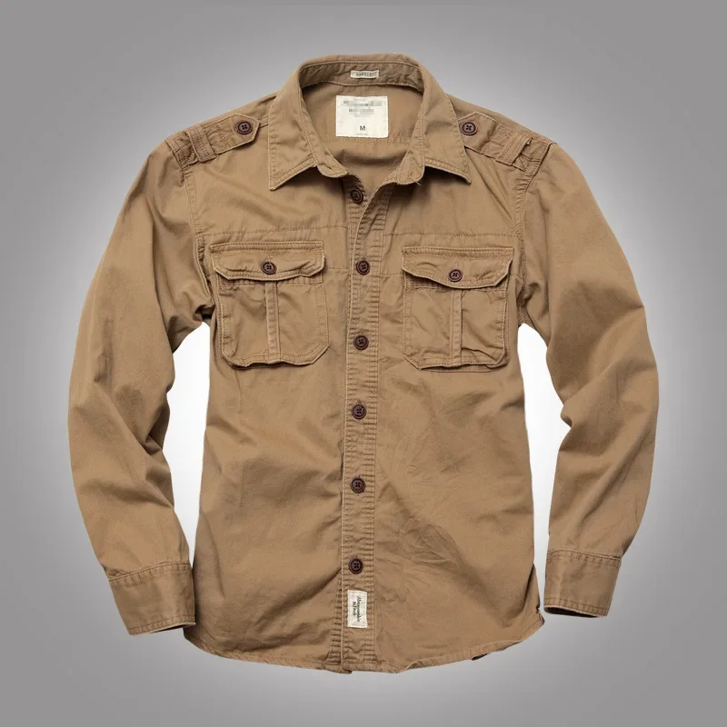 Men Camouflage Long-sleeved Shirt Ami Khaki Cotton Cargo Tooling Coats High-quality Thick Double Chest Pockets Shirt Outdoor