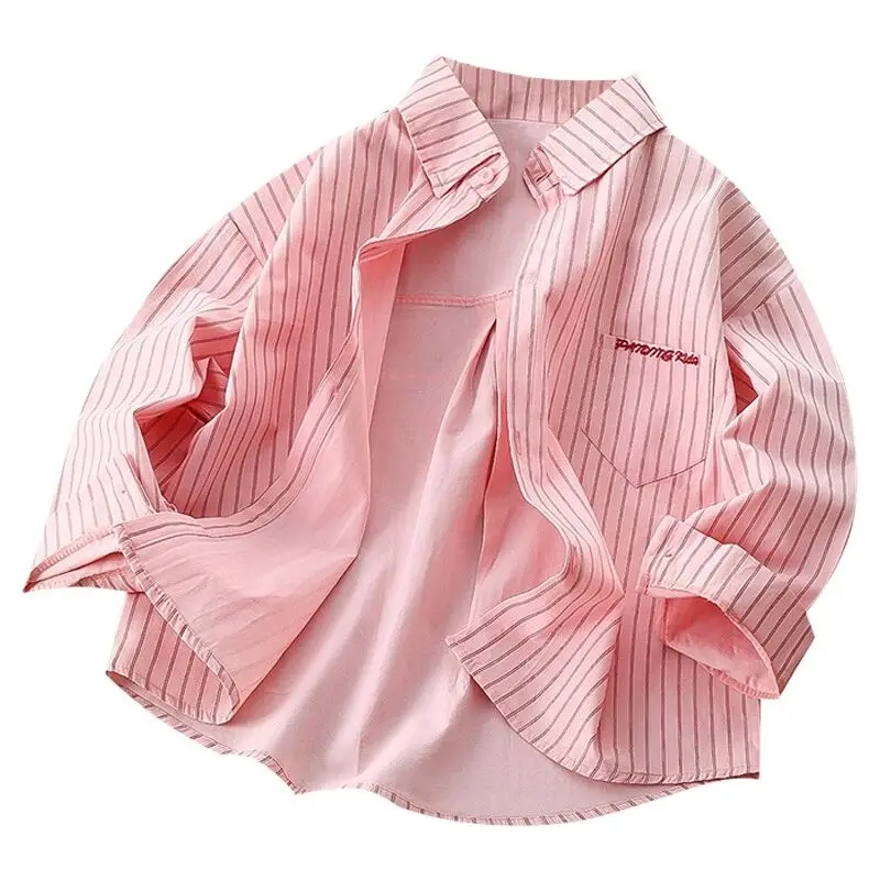 Spring and Autumn Girls' Shirt Jacket New Children's Striped Shirt Casual Pink Western Long Sleeve Top