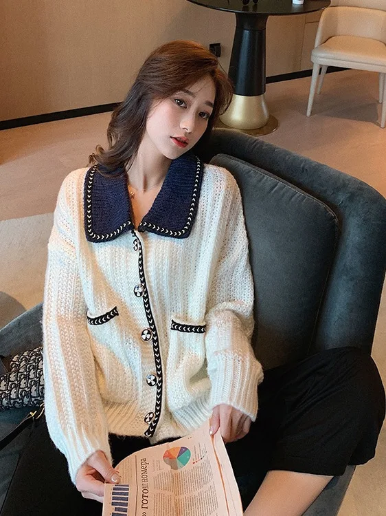 

Korean Sle ort Knitted Open Cardigan Loose Lazy Sle Doll Collar Cozy Autumn Winter Polyester Fiber Long Sve Sweater ...