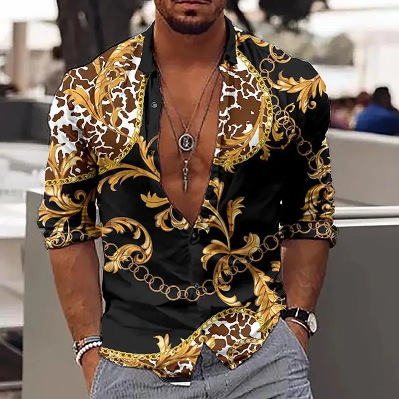 New Luxury Style Print Men\'s Turn-down Collar Button Shirt Casual Long Sleeve Shirt Fashion Streetwear Trend Tops Men Clothing