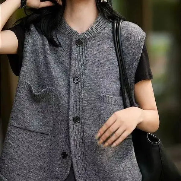 

Autumn Winter Woolen Knitted Open Cardigan Vest Women's round Ne Svel Layering Outerwear Commute Sweater Vest