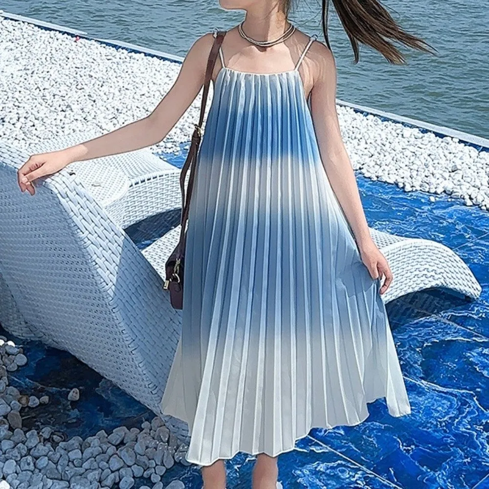 Dziecięca sukienka bez rękawów na wakacje na plaży, falbanki, szelki, plisowana, gradient kolorów, długa.