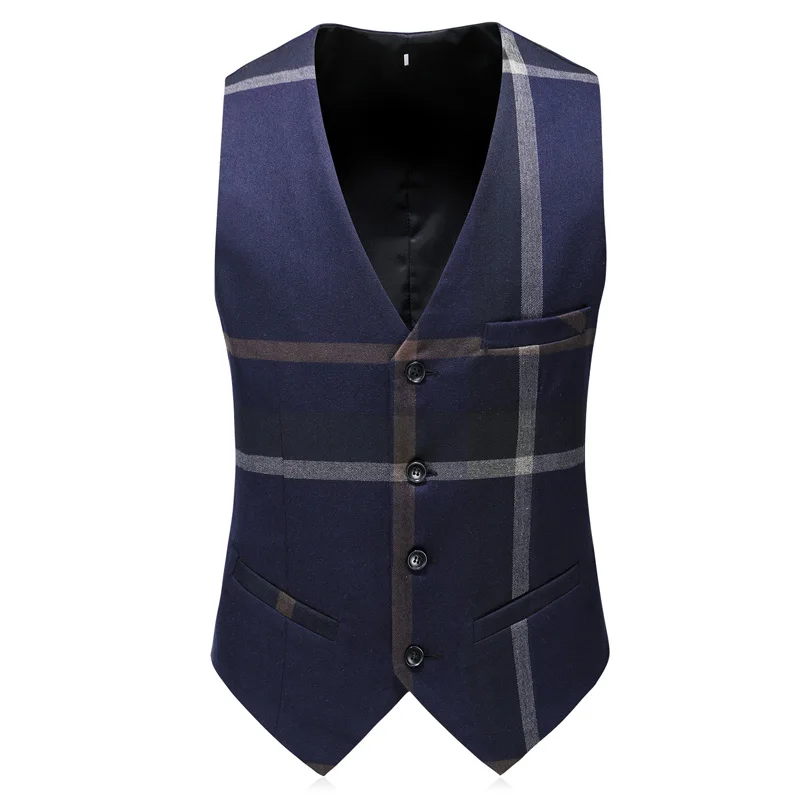 Men Plaid 3 Piece Suit Set Blazer Vest Pants British Style Slim Double Breasted Wedding Dress Jacket Coat Trousers Waistcoat