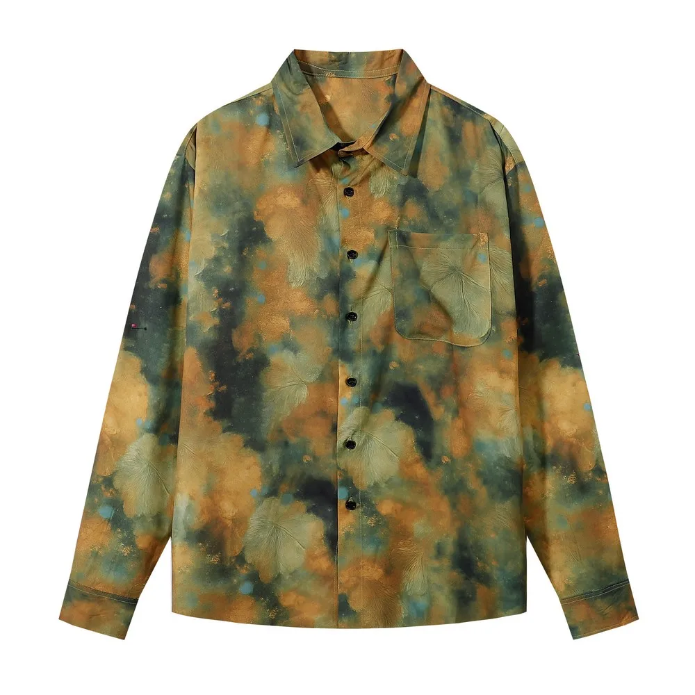 

Гранжевый зеленый свободный принт в стиле гранж с длинным рукавом, гавайские рубашки, готическая мужская и женская блузка, уличная одежда, топы на пуговицах Aloha, зима-весна