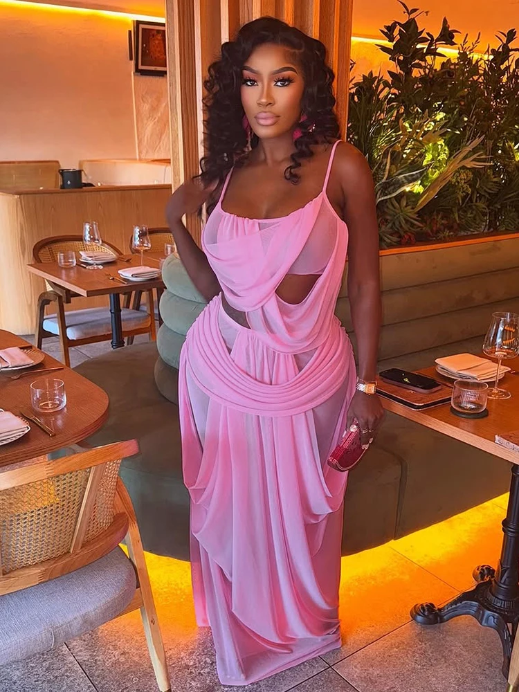 Kliou Ruched Elegant 2 Piece Set Woman Low-Neck Backless Camisole Tops+Elastic Waist Long Skirts Midnight Prom Party Outfits