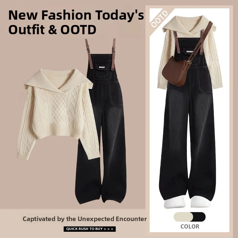 

Autumn Knitted Sweater And Slim Jeans Women's Two-Piece Set Korean Style College Fashion plus Size Polyester Fiber