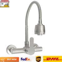 Wall Mounted Kitchen Sink Faucet Mixers | Stainless Steel 2-hole Single Handle Rotation Hot Cold Basin Tap