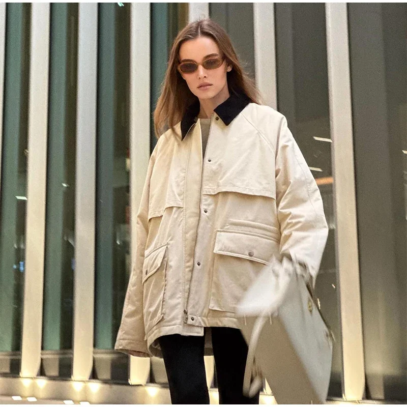 

2024 fall new women's corduroy collar cotton jacket loose thin daily versatile jacket coat Women's Jackets Fashion Streetwear