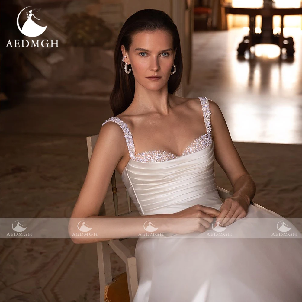 Aedmgh-vestidos De Novia De satén mate, corte en A, escote en forma De corazón, tirantes finos, Vestido De Novia elegante con cuentas De encaje, Vestido De Novia hecho a medida