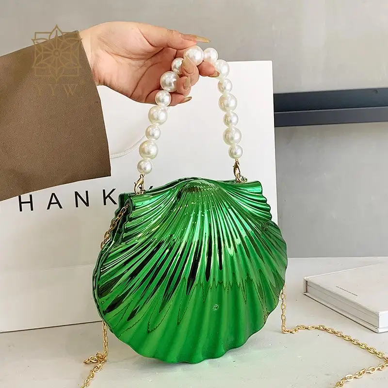 Acrylic Shell Shaped Evening Clutch Handbag with Pearl Top Handle Fashion Plating Women Wedding Banquet Purse Chain Shoulder Bag