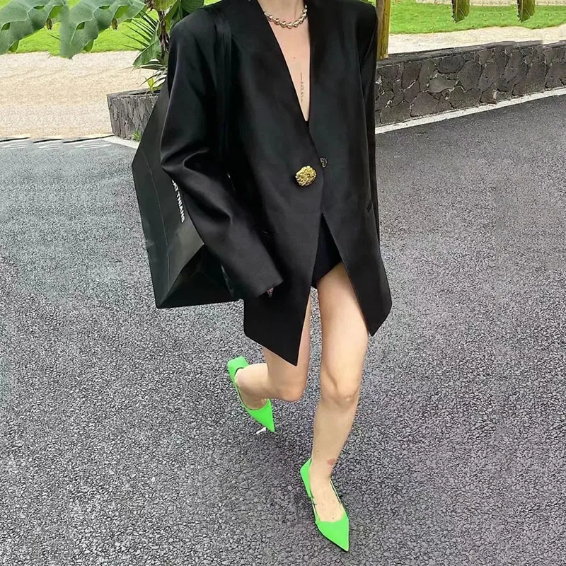 جديد 2025 سترة بدلة نسائية موضة فضفاضة معطف متوسط الطول لون نقي زر واحد إحساس التصميم السترة قطع علوية نسائية #3