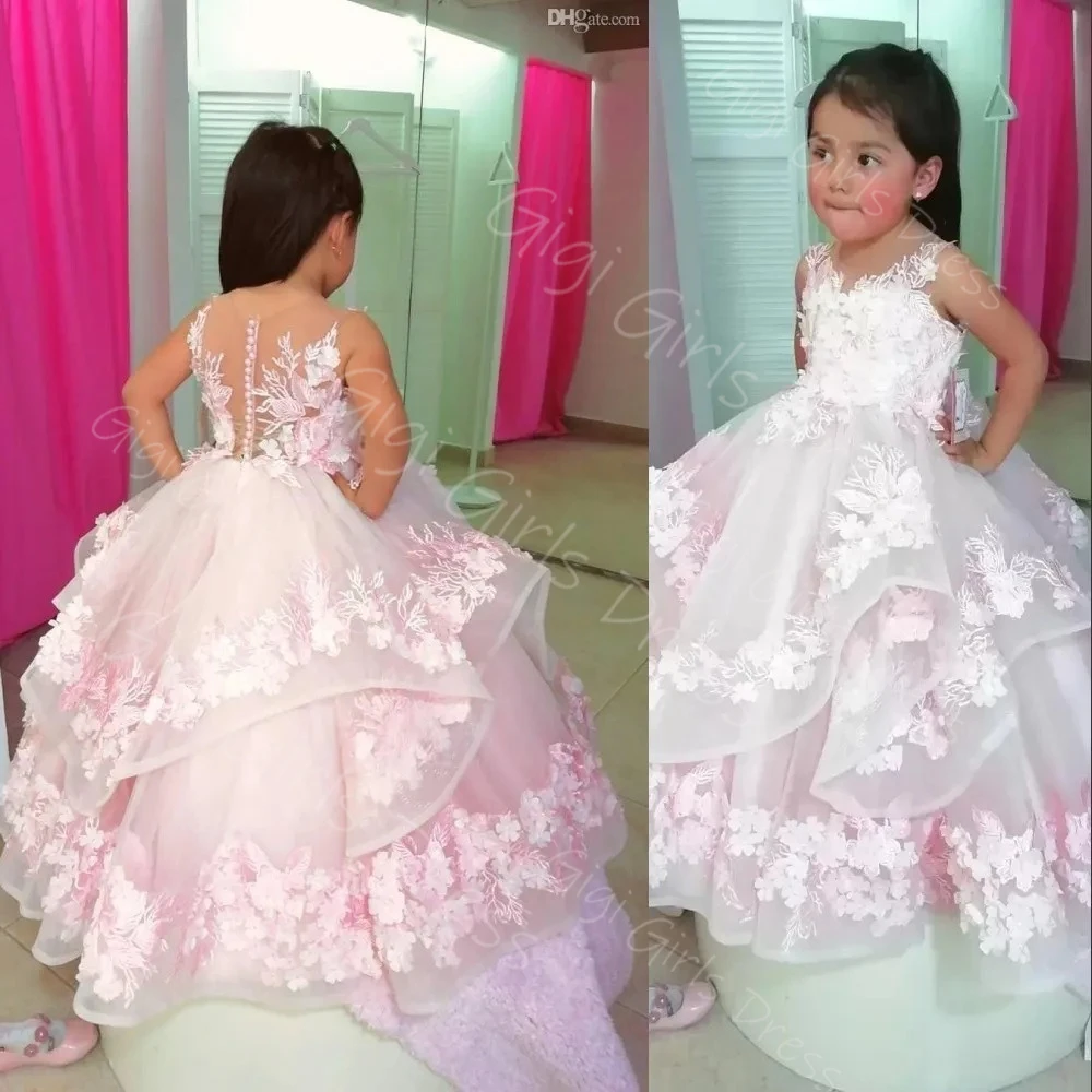 فستان الأميرة الوردي للفتيات جوهرة الرقبة بلا أكمام الدانتيل يزين المتدرج تول زهرة فتاة فستان مخصص حفلة الكرة ثوب