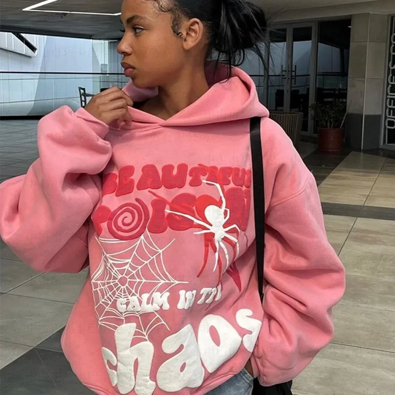 HOUZHOU Y2K Pink Hoodies Women Harajuku Graphic Sweatshirt Oversized Vintage Hip Hop Punk Long Sleeve Streetwear Autumn Winter