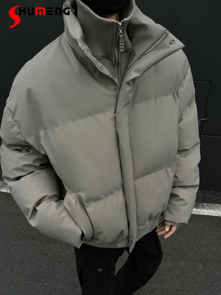 

Faux Two-Piece PU Leather Cotton Jackets Men 2025 Winter New Thickened Warm Stand Collar Chic Parkas Jackets Trendy Cotton Coats