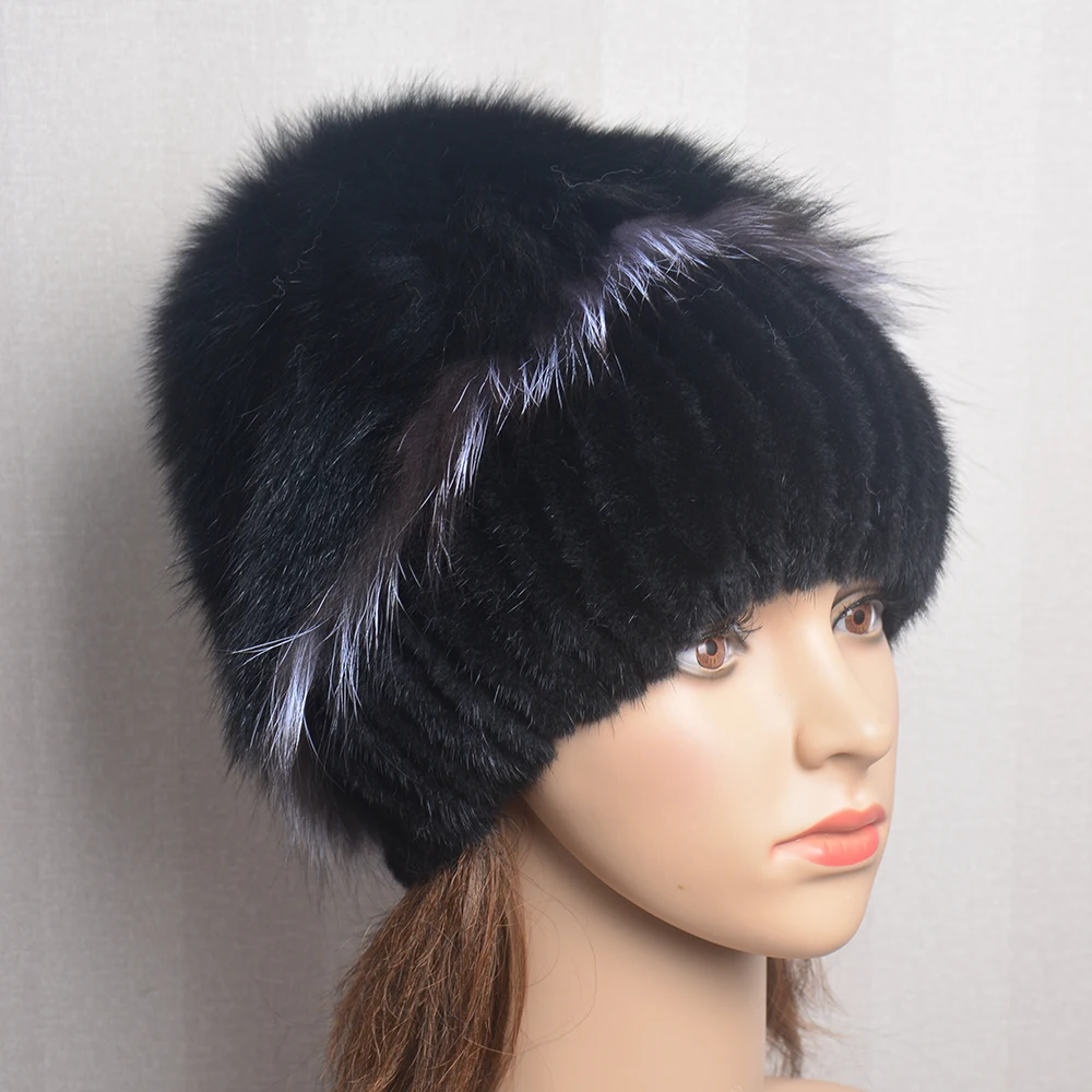 Women\'s Winter Fur Hat Natural Fur Knitted Mink Fox Pom Pom Fur Hats With Balls Stylish Warm Fashion Girls Beanies Hat