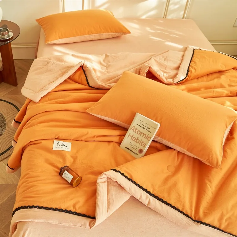 New solid color double-spell summer quilt four-piece set, pure cotton summer cool quilt air conditioner quilt three-piece set