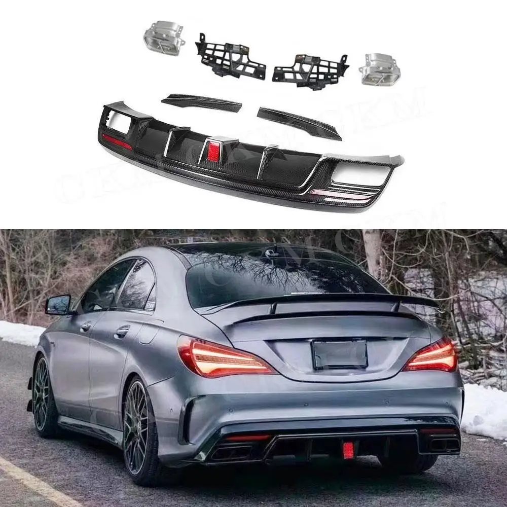 for Benz CLA Class W117 CLA200 250 260 CLA45 AMG 2013-2018 Carbon Fiber Rear Bumper Diffuser Side Splitters with Tips