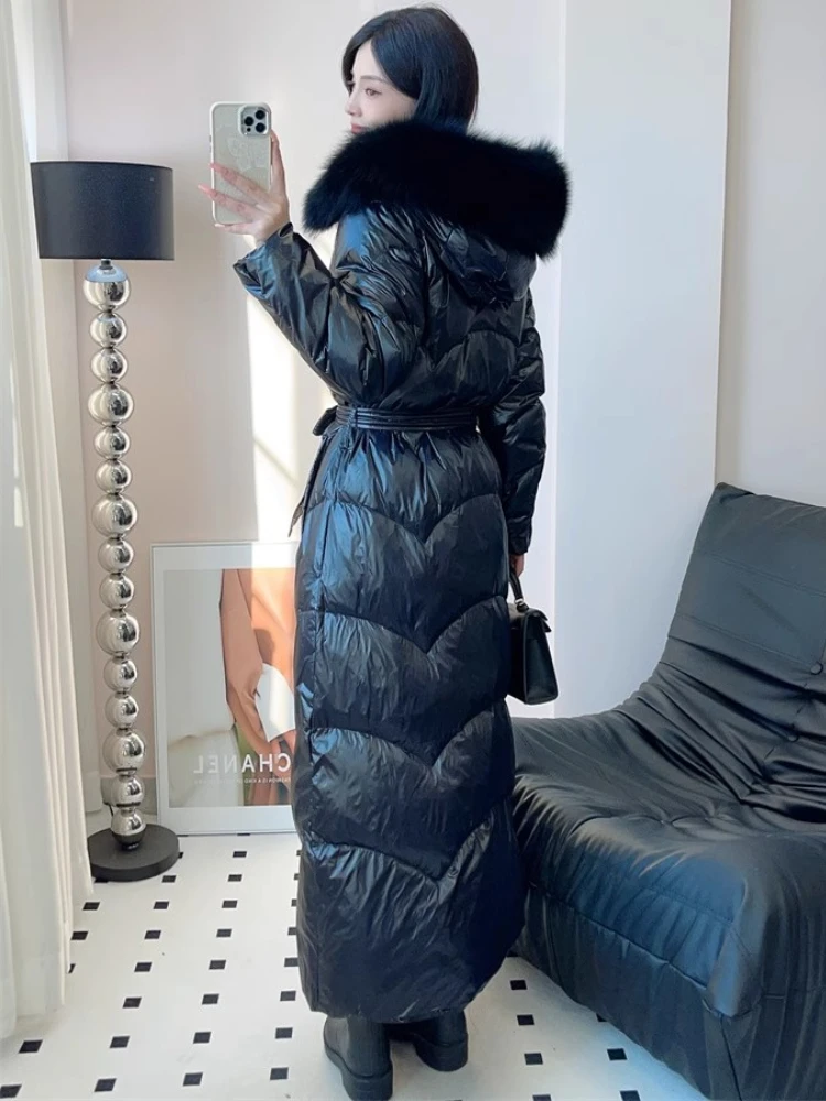 Jaqueta longa grossa preta para mulheres, gola de pele de raposa com capuz, cintura alta com cordões, casaco puffer de pato branco elegante, novo, inverno