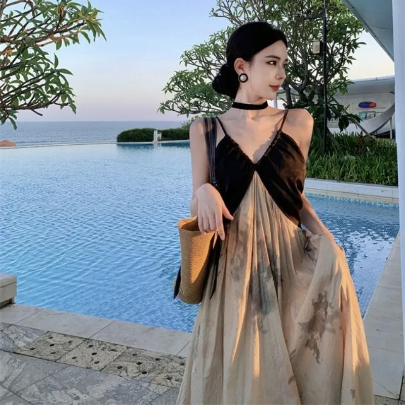 Retro Inktprint Strandjurk Dames Chinese Stijl Vakantie Patchwork Sexy V-hals Zomer Casual Jarreteljurken met Zak