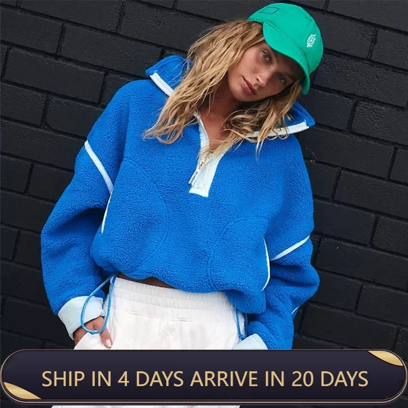 Color-blocking Half Zip Lamb Wool Hoodie Women's Loose Fit Drawstring Spliced Casual Sporty Jacket