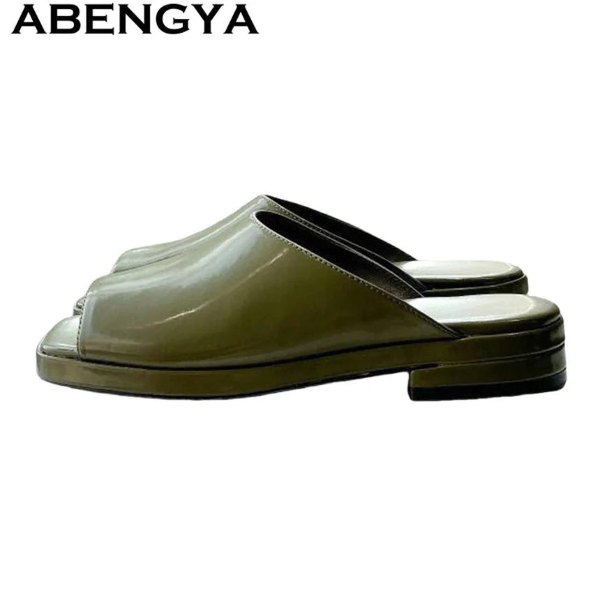 

Army Green Black Patent Leather Open Toe Low Heels Slippers Women Casual Slipsole Slippers Summer Fashion loafers Flat Shoes