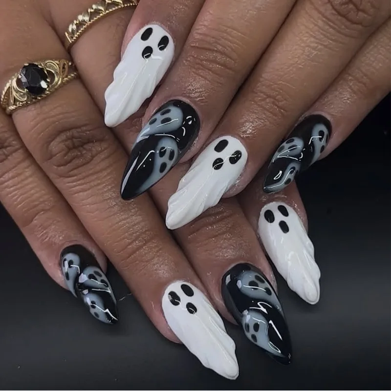 

30pcs Halloween Full Cover Nail Tip Y2K Ghosts Almond False Nail Art Ornament for Girls and Wearable Press on Nails Set Fake