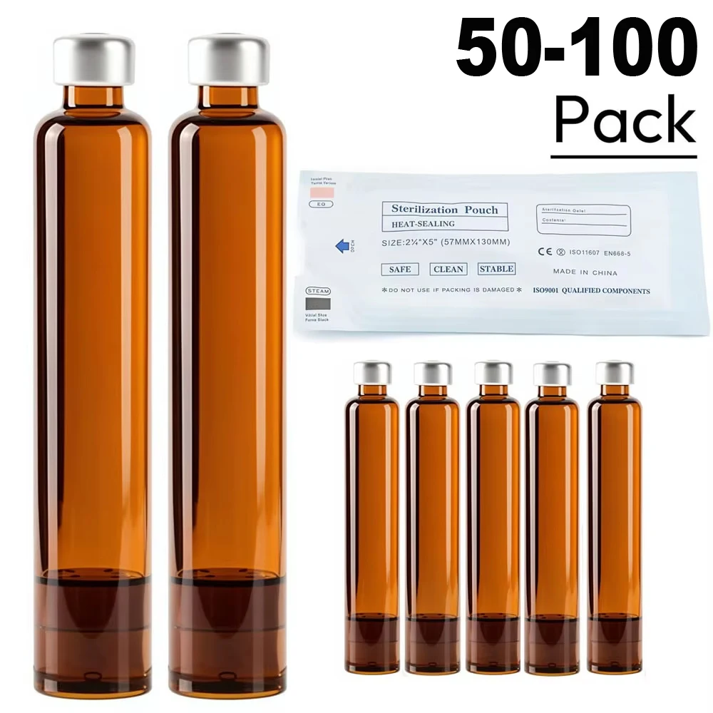 50/100pcs Sterile 3ml Amber Empty Injection Pen Cartridge, Reusable Glass Cartridge Cassette Bottle for Insulin & Liquid