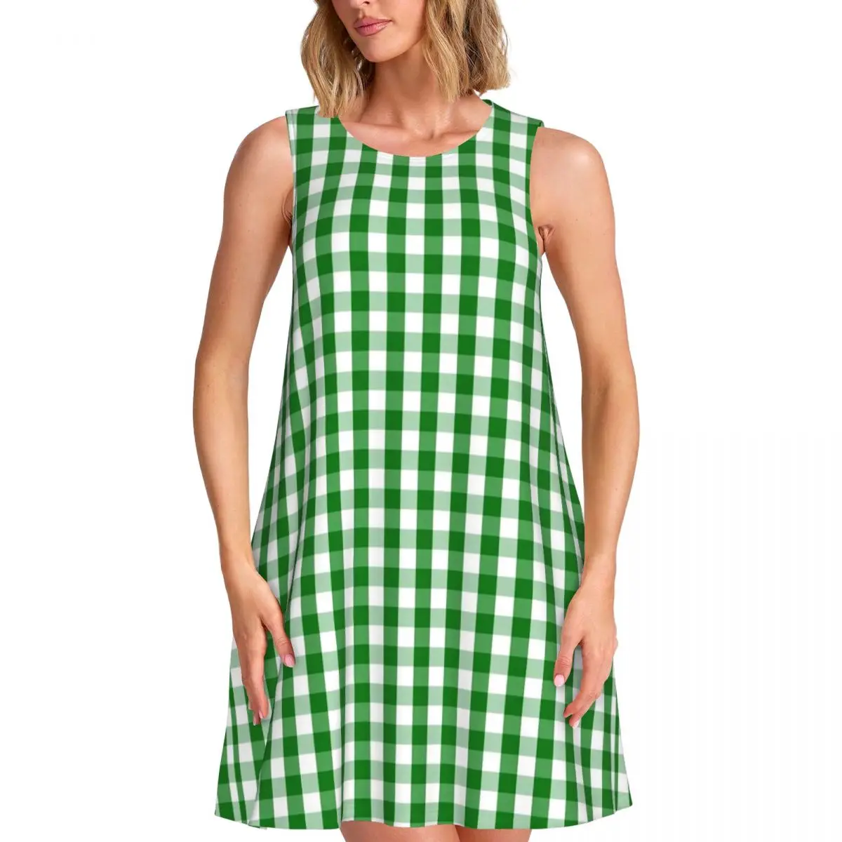 Christmas Gingham Casual Dress Green Check Plaid Sleeveless Boho Beach Dresses Lady O Neck Basic Dress Summer Pattern Clothing