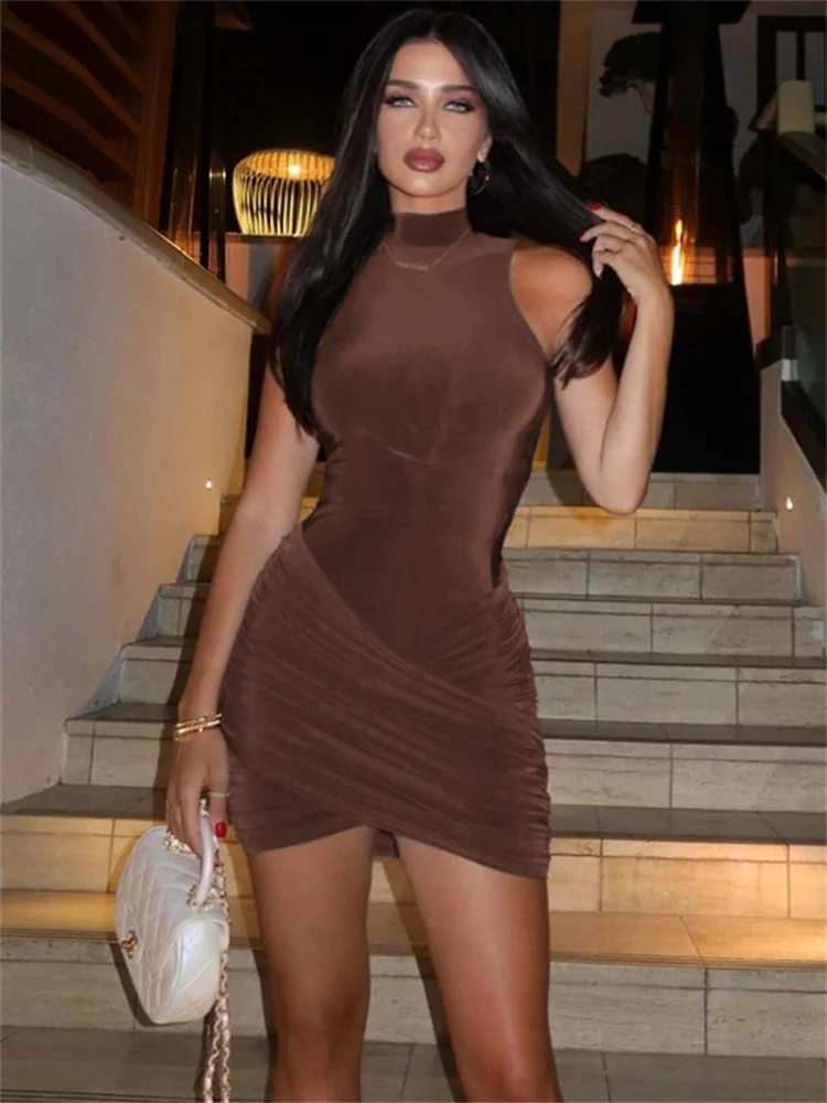 kliou Solid Pleated Women Mini Dress Classic Basic Sleeveless Stand Collar Skinny Hip Bodycon Female Concise Go Out Streetwear