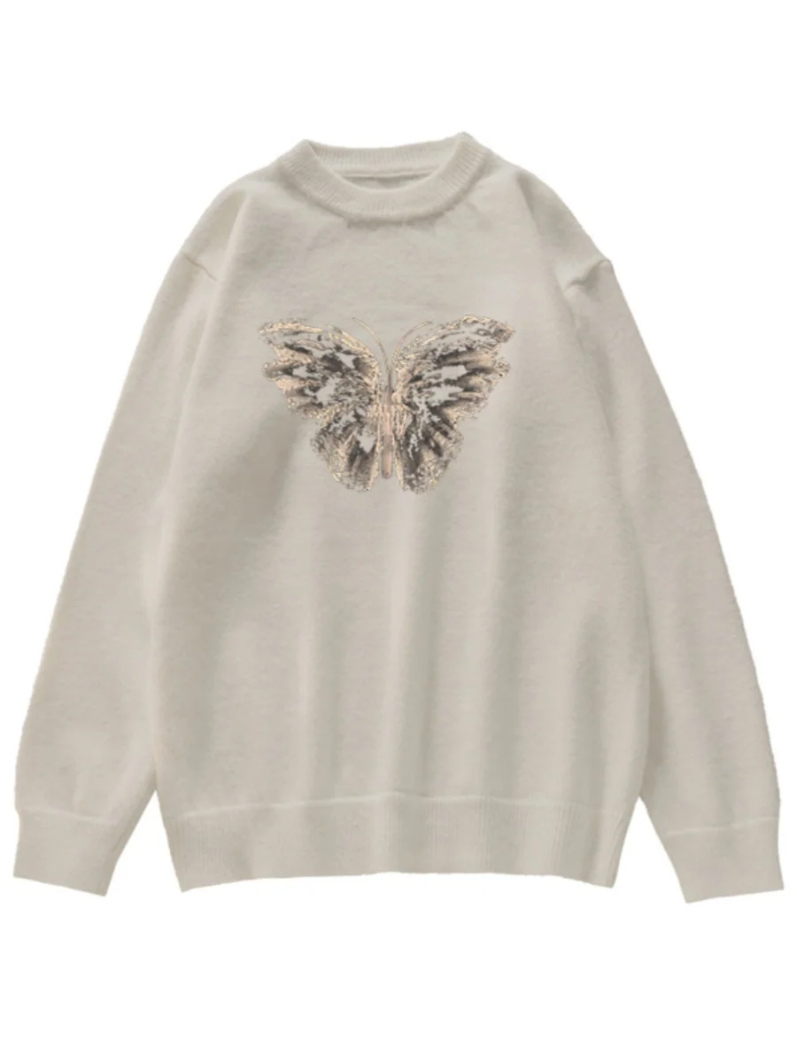 Vlinderpatroon Ronde Hals Hoodie Trui Voor Vrouwen Herfst Winter Nieuwe Japanse Retro Luie Stijl Zachte Losse Dikke Gebreide Top