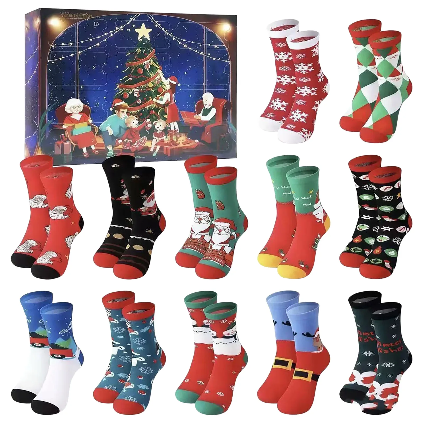 Calendrier de Noël compte à rebours pour enfants chocolat 12/24 paires chaussettes de Noël calendrier de l'Avent lunettes d'heure pour enfants brossage des dents