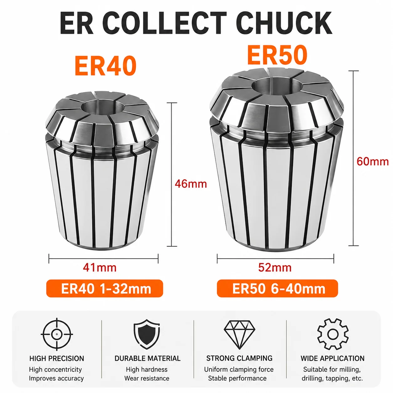 High-Precision ER40 and ER50 Spring Collet Set, 4–40 mm Range, for CNC Milling and Engraving Machines