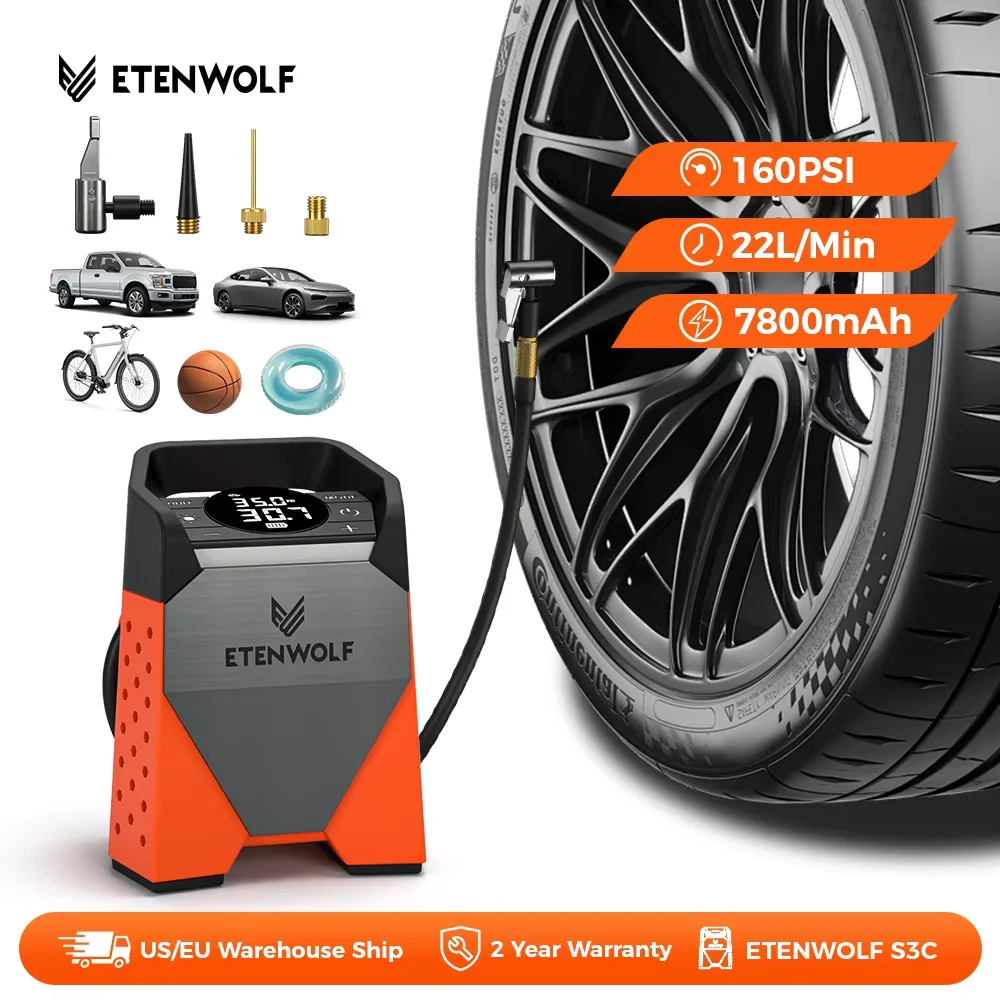 ETENWOLF ZEPHYR S3C Compressore d'aria portatile 100% Duty Cycle Gonfiatore per pneumatici per auto 7800mAh per auto, motocicli, biciclette Palle