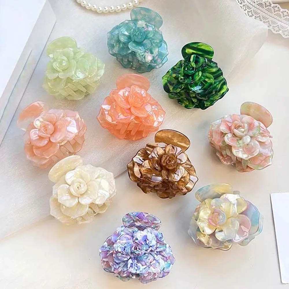 

Elegant Camellia Hair Claw Gradient Color Korean Style Flower Shark Clip Creative Headwear Acetic Acid Hair Claw School