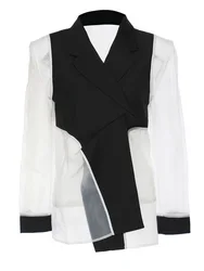 Blazer à manches longues pour femmes, nouvelle tendance de la mode, ample, tempérament, revers à manches longues, ajouré, Patchwork irrégulier, manteau féminin, automne 2022