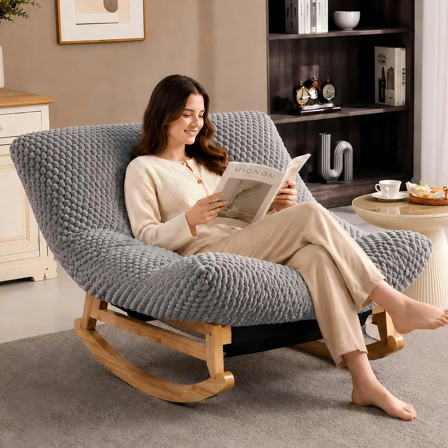 Oversized Rocking Chair Indoor with Corduroy Cushion (Light Grey)