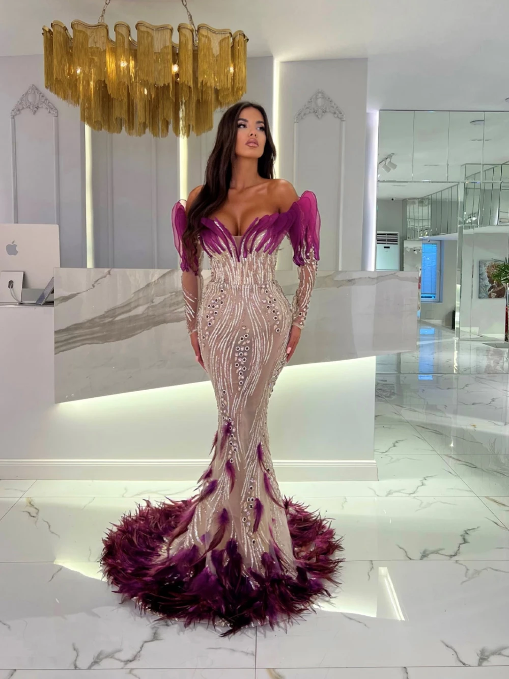 Vestido De cóctel largo De sirena De lujo, vestido De noche De cristal con cuentas brillantes, vestido De graduación con plumas moradas, Vestidos De Novia personalizados