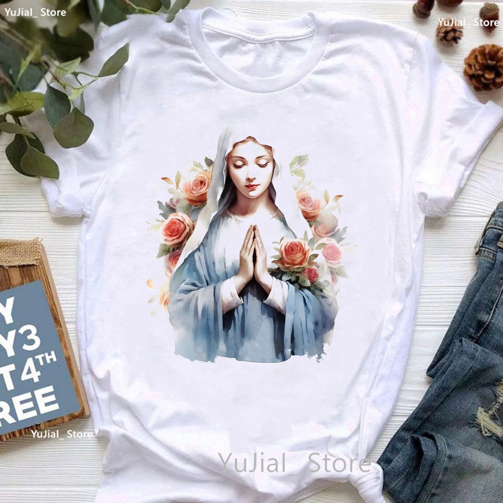 2024 Watercolor Lady Of Guadalupe Flowers Print Tshirt Women Summer Fashion Tops Tee Shirt Femme Faith White T Shirt Female