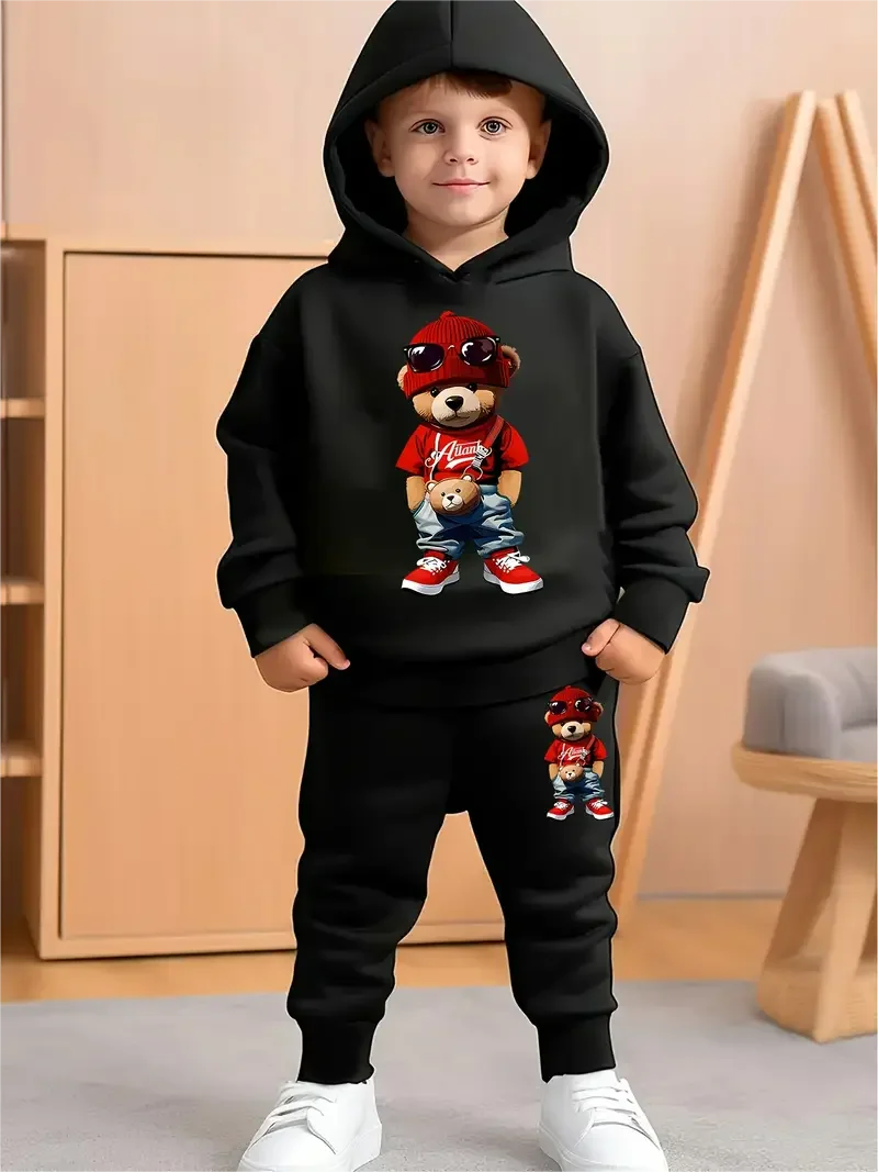 

Boys' 2-piece street-style bear print hoodie and pants set - comfortable stretch casual for spring and fall - New Year's gift