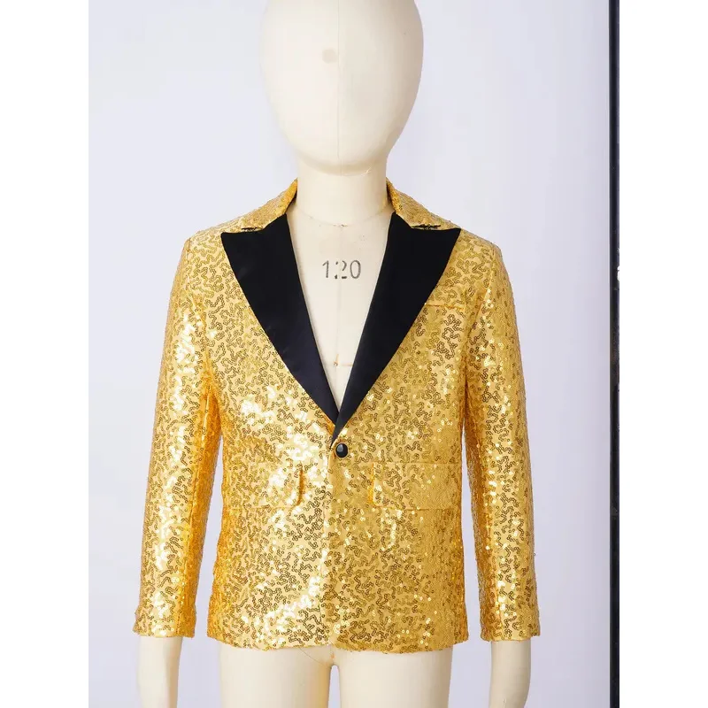 Sky01 Блейзер с блестящими пайетками для мальчиков Стильная куртка Пальто Блейзер Смокинг для свадьбы Банкета День рождения Хип-хоп Джазовая сцена Wd01@