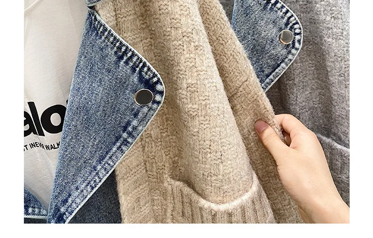 Fashion Stitching Denim Jacket Sweater Women\'s Loose Thickened Knitted Cardigan Top 2023 Spring New Female Clothing