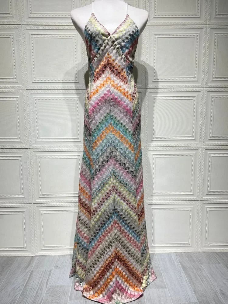 Chaxiaoa Veelkleurige Backless Gebreide Sexy Maxi Jurk Damesmode Spaghetti Mouwloze Hoge Taille Club Party Lange Jurken