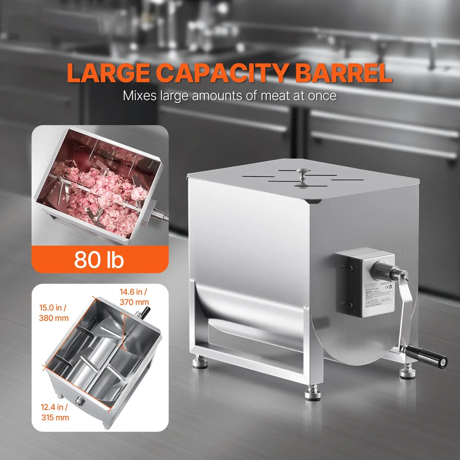 Manual Meat Mixer, 40L Fixed Tank Meat Processing Equipment(Mixing Max 80LBS for Meat), Stainless Steel Meat Mixer, Sausage Mixer Machine with Lid Handle Gear Reducer, Ground Beef Hand Mixer