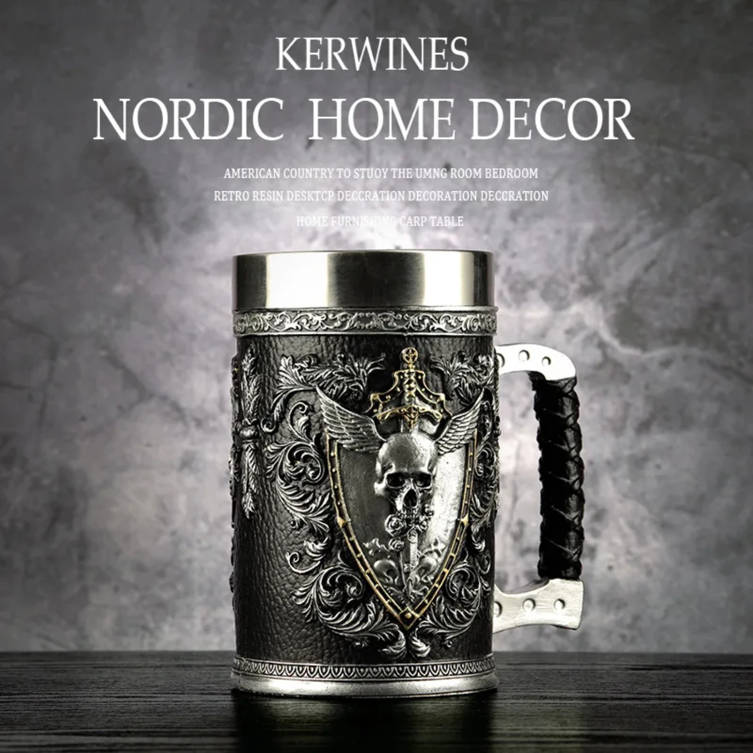 

600ml Beer Mugs 3D Stein Tankard Double Headed Eagle Winged Sword And Shield Skull Crest Stainless Steel Resin Coffee Cup Mug